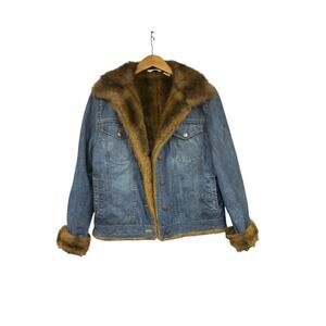 St John’s Bay Faux Fur Lined Denim Jacket Mob Wife Womens Size Medium